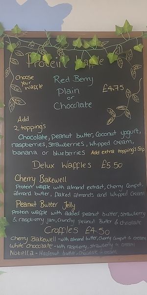 Current menu (July 2024): protein waffles at Guilt Free Pleasures in Hucknall
