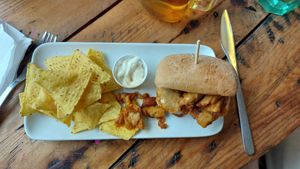 My savoury course: Shicken Ciabatta (£5), nachos and dip included at Guilt Free Pleasures in Hucknall