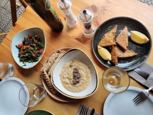 Hummus, grilled vegetables and panelle at A Putia Dell'Ostello in Catania
