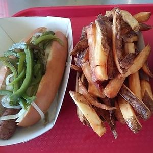 Italian Style VEGAN Sausage and Handcut Fries. at Gourmet Killer Dogs in Delray Beach