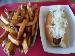 KILLER VEGAN New Yorker with our Hand Cut Fries! YES our Buns are VEGAN! at Gourmet Killer Dogs in Delray Beach