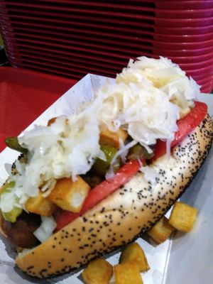KILLER VEGAN Mash Up..Vegan Chicago with Peppers and onions Plus SauerKraut! Build Your Own VEGAN Yumminess. at Gourmet Killer Dogs in Delray Beach