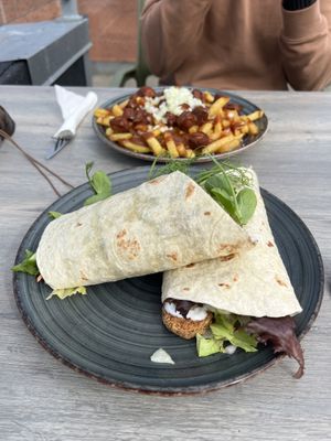 Vegan wrap and loaded fries  at Iscafeen in Hvide Sande