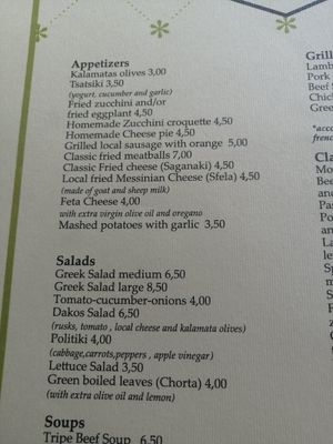 Menu Appetizers and Salads at Ta Rolla in Kalamata