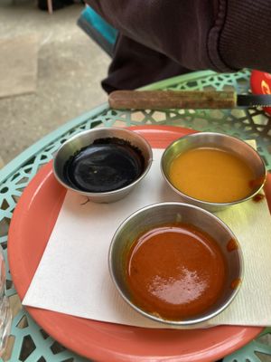 Their three house hot sauces  at Jajaja Mexicana - West Village in New York City