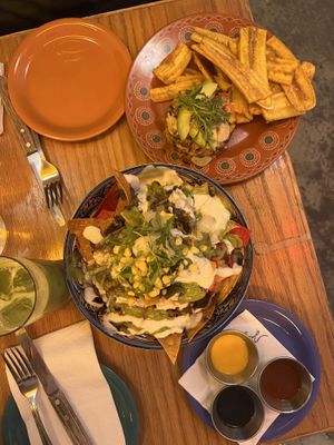 Nachos, ceviche and matcha drink  at Jajaja Mexicana - West Village in New York City