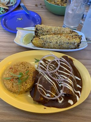 Enchiladas Mole with Spanish Rice and Mexican corn  at Jajaja Mexicana - West Village in New York City