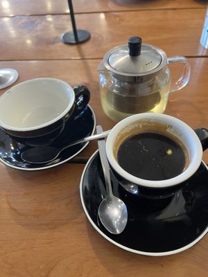 Green tea and coffee  at The Greedy Cow in Lake Tekapo