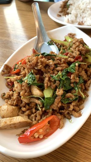 Krapaoo-jay, made with soya-meat and Thai-basil  at Veggie House - บ้านเจ in Pathum Thani
