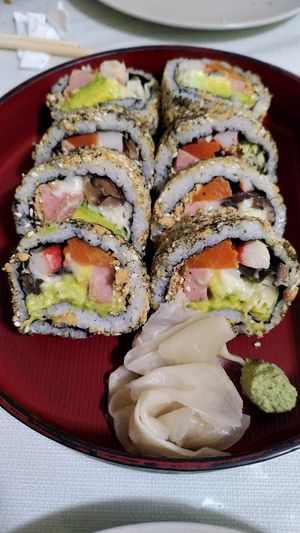 Avocado sushi with meat/seafood substitutes at Loving Hut - Bang Kholaem in Bangkok