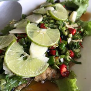 Vish with lime, herbs and chili  at Loving Hut - Bang Kholaem in Bangkok