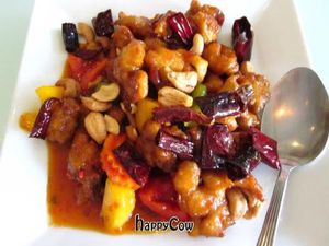 chicken with cashew nuts (the deep fried 'chicken'was pretty inedible)
 at Loving Hut - Bang Kholaem in Bangkok