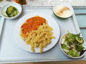 Vegan curry with pasta and three side dishes, including a coconut rice pudding topped with cinnamon at Hauptmensa Studierendenwerk in Dortmund