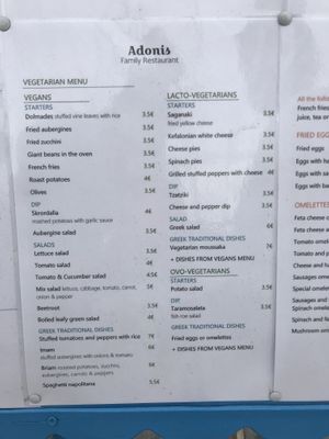 Vegan/vegetarian menu section at Adonis in Kefalonia