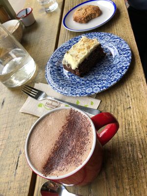 Vegan oat hot chocolate, carrot cake, cookie  at This Must Be The Place in Westport