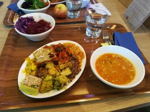 Vegan student meal: salad + soup + buffet plate at Restavracija Mandala in Ljubljana