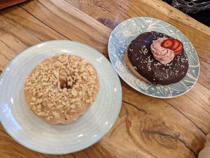 Peanut butter jelly donut and chocolate strawberry at VegAmazing Doughnuts in Madrid