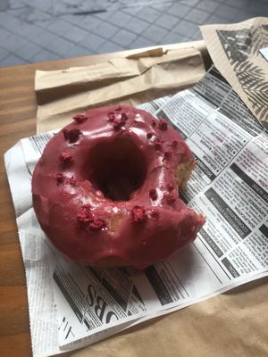 raspberry doughnut  at VegAmazing Doughnuts in Madrid