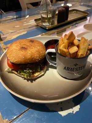 Vegan burger with fries  at Arresten in Andenes