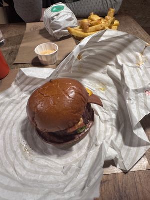 Bacon burger and fries   at Patty & Bun in London