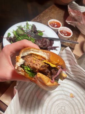 Vegan Ari Gold burger & side salad   at Patty & Bun in London