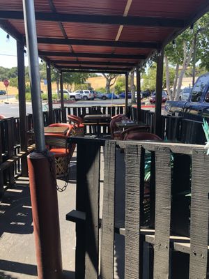 Outdoor seating at California Tacos in Solvang