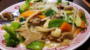 Mock duck lemongrass ($10). Didn't taste the lemongrass, but this dish was still tasty. Looks gloopy, but is actually decent. at China Star in Hermantown