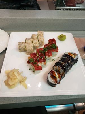 Avocado roll, roll with tomato tuna, roll with eggplant eel at Blue Sushi Sake Grill in Lincoln
