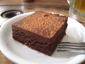 Double Trouble.  This brownie with chocolate ganache is to die for. It's probably the best vegan brownie in Montreal. It tastes a bit like fudge. at Panthere Verte - Mile End in Montreal