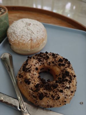 Chocolate filled donut and crunchy coffee at The Donut Cafe in Chiang Mai