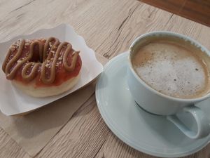 Peanut butter & jelly donut and soy (or almond) milk latte at The Donut Cafe in Chiang Mai