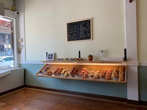 All the options of donuts and the menu  at The Donut Cafe in Chiang Mai