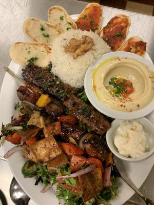 Plant based Kafta and Kabob Platter with hummus, rice and Fattoush at Ember Lounge in Calgary