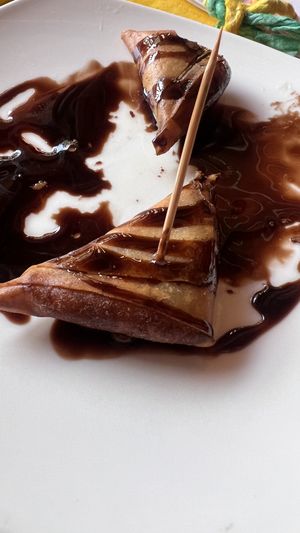 Banana samosa (chocolate sauce may contain milk, to be check however it was taste of dark chocolate)  at Ginger Home in Koh Chang