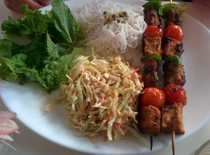 Vegetable tofu brochette at Loving Hut in Paris