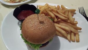 Burger and Fries at Loving Hut in Paris