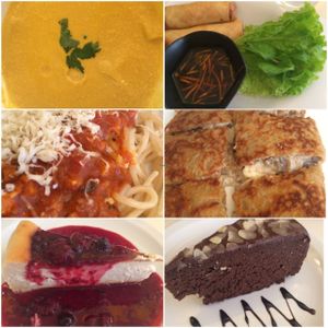 Soup, rolls, spaghetti, crepe, cheesecake, chocolate cake
everything was amazing at Loving Hut in Paris