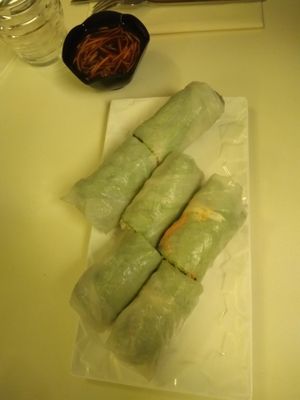3 spring rolls with avocado at Loving Hut in Paris