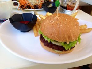 My delicious cheese burger at The Loving Hut! at Loving Hut in Paris