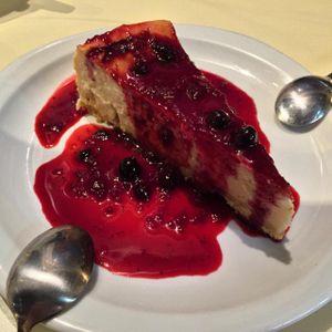Vegan cheesecake with berry sauce at Loving Hut in Paris