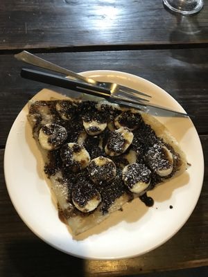 Vegan crepe with Banane, coconut and chocolate   at Little Windows in Pokhara