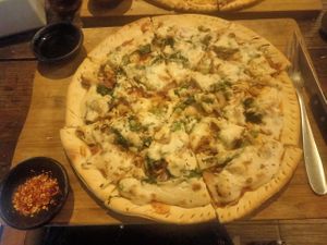 Vegan cashew cheese pizza!  at Little Windows in Pokhara