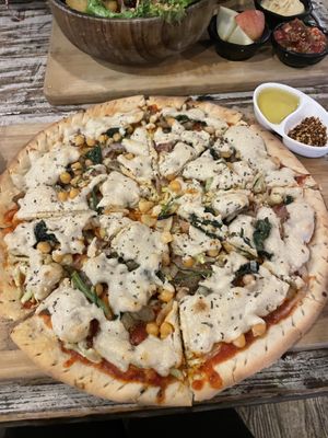 Vegan pizza with cashew cheese   at Little Windows in Pokhara