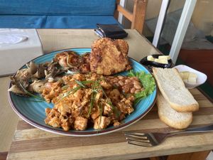 Breakfast set with scrambled tofu   at Little Windows in Pokhara