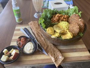Aubergine falafel Buddha bowl   at Little Windows in Pokhara