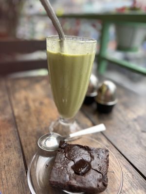 Green smoothie and vegan brownie  at Little Windows in Pokhara