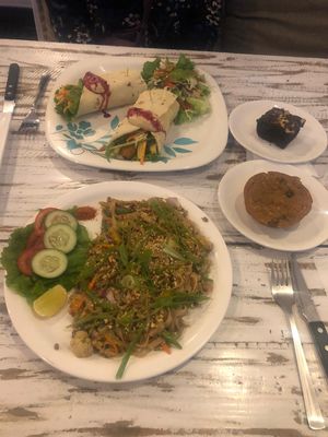 Pad thai and vegan wrap at Little Windows in Pokhara