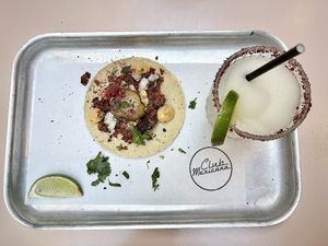 Cheeseburger taco and margarita   at Club Mexicana - Seven Dials in London