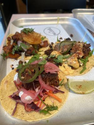 three different tacos  at Club Mexicana - Seven Dials in London