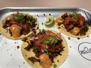 Trio of “chorizo” and sweet potato tacos.  at Club Mexicana - Seven Dials in London